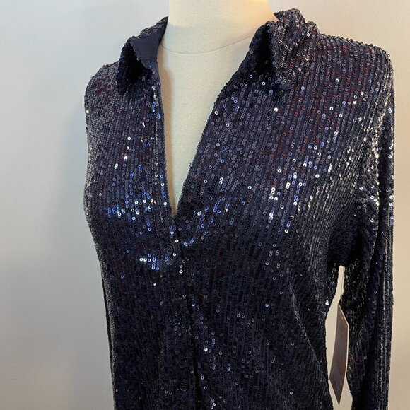 Haver & Blair Women's Blue Sequin Button Up Long Sleeve Shirt - Size Small - NWT - Picture 3 of 4